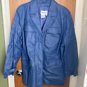 Pamela McCoy Collection Blueberry blue leather coat.